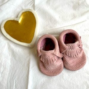 Freshly picked pink cardigan moccasins with light wear